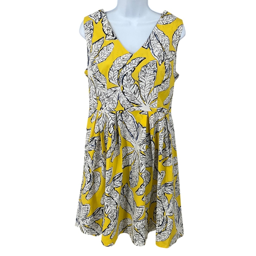 Melloday Fit Flare Dress Women Medium Yellow Tropical Leaf V-Neck Boho Classic